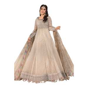 Elegante traje Anarkali de gasa beige bordado, manga larga, cuello barco, largo hasta el suelo, corte en A, vestido para la madre de la novia - Product Image 1