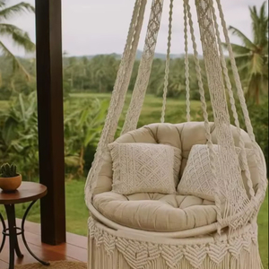 Beige Cotton Macrame <b>Swing</b>,Hanging Chair,Chair Hanging Outdoor,Macrame Rocking <b>Swing</b> Chair,Macrame <b>Hammock</b>,<b>Swing</b> Chair - Product Image 1