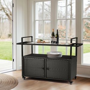 Carrello Bar da Esterno Grande in Vimini con Piano in Vetro, Vano Portaoggetti e Design con Ruote - Product Image 6