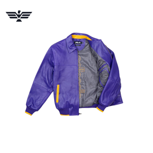 EMPIRE TREND WEARS Unisex <b>Purple</b> PU <b>Varsity</b> Bomber <b>Jacket</b> Windproof Embroidered Logo Zipper Closure Stand Collar Casual Winter - Product Image 3