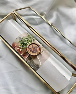 Elegant Eco-friendly Modern Glass Brass Scroll <b>Box</b> <b>for</b> <b>Wedding</b> Invitation <b>Cards</b> Long Rectangular Design Clear Panels Hinged Lid - Product Image 3