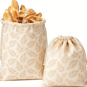 Ensemble de sacs à pain en coton réglables avec cordon de serrage, lavables, imprimés motif feuille, écologiques, résistants à l'eau, durables, réutilisables pour le rangement - Product Image 1