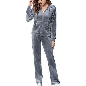 Velvet Hooded Tracksuit Set Full Zip Long Sleeve Solid Color Loose Fit Casual All Seasons Sportswear <b>Pants</b> Two Piece Outfit - Product Image 1