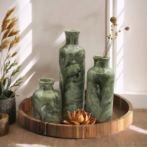 Ensemble de 3 vases à fleurs évasés en résine de marbre vert, faits à la main, écologiques, pour centre de table moderne dans le salon - Product Image 3