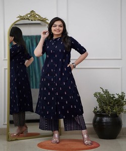 ชุดเสื้อและกางเกงผ้าเรยอนลายฟอยล์แบบใหม่ สำหรับใส่ทุกวัน ราคาขายส่ง เสื้อผ้าชาติพันธุ์ สีน้ำเงินกรมท่า - Product Image 1