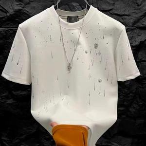 <b>Men's</b> Red Short Sleeve O-Neck T-Shirt With Rhinestone Dot Pattern Street Style Knitted Fabric Regular Fit - Product Image 4