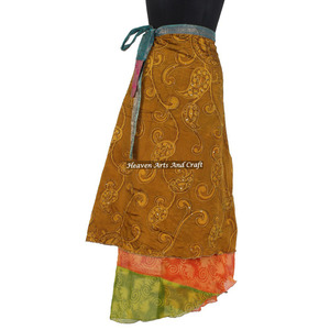 Indian Two Layer <b>Boho</b> Hippie Magic Sari Wrap <b>Skirt</b> New Printed Multi Wear Double Layered Silk Sari Wrap <b>Skirt</b> - Product Image 6