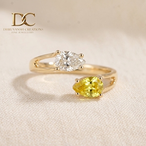 Bague ajustable en or jaune massif 14 carats avec diamant de laboratoire et saphir jaune, certifiée IGI, bijoux pour femmes - Product Image 2