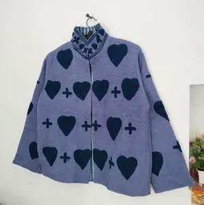 Handmade Bohemian TNT Color Suzani <b>Jacket</b> for Women Purple Cotton Heart Applique Reversible <b>Kantha</b> Style Layering Coat - Product Image 1