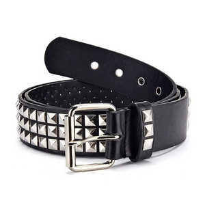 Ceinture en cuir de vachette noir avec clous pyramidaux argentés, boucle à ardillon, style décontracté, durable, moulage monobloc - Product Image 3