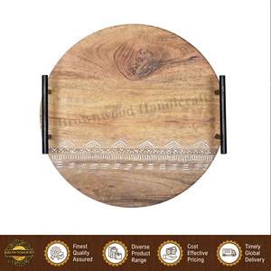 Premium Quality Hotel and Restaurant Supplies <b>Round</b> Shape Hand Carved Mango Wood Food <b>Serving</b> <b>Tray</b> with Metal Handles - Product Image 5