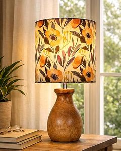 Floral Print Contemporary Table <b>Lamp</b> <b>Wooden</b> Base <b>Bedside</b> Tabletop <b>Lamp</b> Warm Light Bedroom Decor - Product Image 1