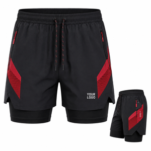 Pantalones Cortos Deportivos para Hombre en Color Negro y Rojo con Cordón Ajustable, Bolsillos con Cremallera, Secado Rápido, Diseño de Doble Capa, Logotipo Frontal - Product Image 1