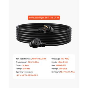 Cavo di Prolunga in Rame Puro per Impieghi Gravosi da 30 Amp, 15 Metri, per Saldatrici Portatili NEMA 6-50P, 10/3 AWG, 250V, 7500W, Corrente Nominale 20A/50A - Product Image 2