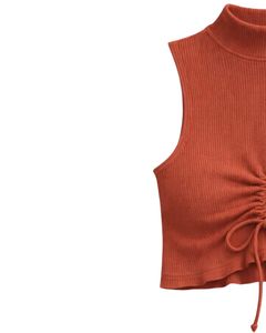 Top Corto Personalizado Color Naranja Quemado, Cuello Alto Acanalado, Sin Mangas, con Cordón Ajustable, Fruncido en la Parte Delantera, Corte Ajustado para Mujer - Product Image 2