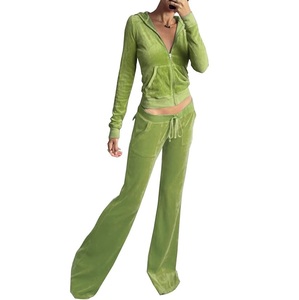 <b>Green</b> Color Unisex Velour Tracksuit Pocket Full Length Flared Trouser Pant <b>Velvet</b> Waterproof Acid Wash Winter Jogging Suit Set - Product Image 2