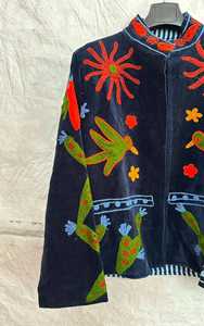 Abrigo de Mujer de Terciopelo Artístico Hecho a Mano con Bordado Boho de Pájaro y Ojo Turco, Impresionante Chaqueta Boho para Mujer con Bordado Suzani - Product Image 6