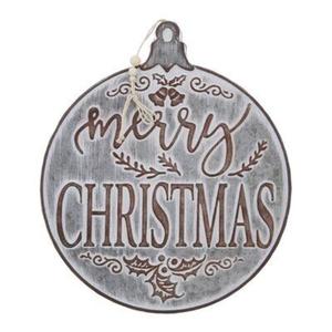 Ornement de Noël rond en métal rustique à suspendre avec motif Joyeux Noël en relief et détails de houx, décoration artisanale en métal - Product Image 1