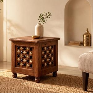 Table d'appoint en bois avec porte grillagée, meuble d'appoint de chambre à coucher avec tiroirs pour salon et hôtel - Product Image 3