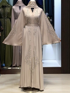 Hot sale Modest Dubai Beaded Sequined Long Sleeve <b>Abaya</b> Muslim Traditional Handmade Wedding Women Polyester Breathable V Neck - Product Image 6