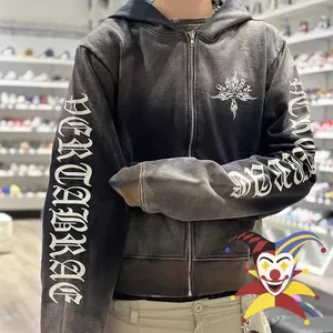 Sudadera con capucha corta vintage negra con estampado serigrafiado, lavado enzimático, bordado, cremallera, OEM, personalizada, con lavado ácido y estilo francés. - Product Image 6