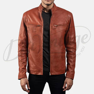 Chaqueta de cuero premium color camel para hombre, estilo racer, piel de oveja auténtica, corte ajustado, cuello alto, con cremallera, estilo motociclista. - Product Image 1