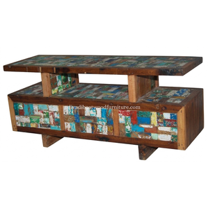 Meuble TV en bois de bateau récupéré, 3 tiroirs, style double plateau, patchwork, bois recyclé, design durable pour support TV - Product Image 3