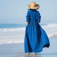Gaun Maxi Wanita Biru Linen Ramah Lingkungan Alami Polos Manis Lengan Panjang Kancing Depan Regular Fit A-Line Vintage Kasual Pantai