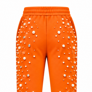 Custom Rust Orange Pearl Beaded <b>Jogger</b> Pants <b>Women</b> Fashion Embellished Drawstring Sweatpants Luxury Casual Streetwear <b>Fleece</b> - Product Image 4