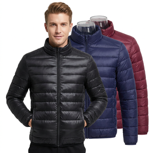 Men's Slim Fit Puffer <b>Jacket</b> Stand Collar Zipper Closure Windproof Solid Color Winter Casual Outerwear Regular Length Polyester - Product Image 3