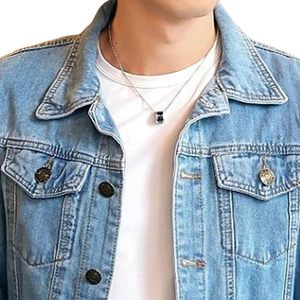 Men's Light Blue Denim Jacket Casual Button Front Solid Color Regular Fit Stonewashed Cotton Washable Spring Wear - Product Image 4