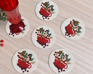 Handmade Beaded Christmas Coasters Reusable Fabric <b>Bar</b> <b>Mats</b> Classic Red Green Design Home Decor Set - Product Image 2