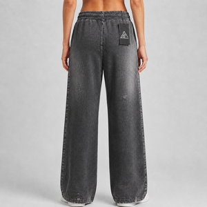 High Quality 100% Cotton Fleece High Street Style Wide Bottom Cargo Trousers Elastic Waist Custom Embroidery Logo Fashionable - Product Image 2