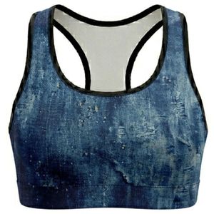 Women's Denim Print Racerback Sport Bra Medium Support Breathable Summer Gym OEM Spandex Polyester Fitness <b>Top</b> <b>Mesh</b> Back Design - Product Image 1