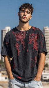 T-shirt femme à épaules tombantes, broderie effet usé, coupe ample style streetwear, col rond oversize pour l'été - Product Image 5