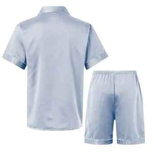 <b>Men's</b> Light Blue Satin Short Sleeve <b>Shirt</b> Shorts Set Breathable Casual Summer Wear Solid Color Two Piece Customizable Pajama - Product Image 3