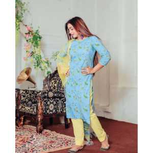 Traje de algodón transpirable azul verdoso para mujer, talla XS, con dupatta - Product Image 1