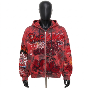 Sudadera con capucha y cremallera completa personalizada, morada, con lavado ácido, estilo oversize, bordado de grafiti, streetwear, de algodón de alto gramaje, OEM - Product Image 2