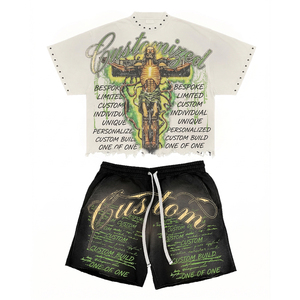 เสื้อยืดและกางเกงขาสั้นผ้าฝ้าย Glory Custom พร้อมลายกราฟิกประดับเพชรแบบ Acid Wash เสื้อยืดพิมพ์ลายทรงบ็อกซี่โอเวอร์ไซส์สำหรับผู้ชาย - Product Image 2