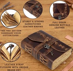 CRAFT HACKLE Carnet en cuir fait main et cousu main, couverture rigide, avec serrure et clé, papier vintage à bords frangés, 7x5 pouces, journal secret - Product Image 5
