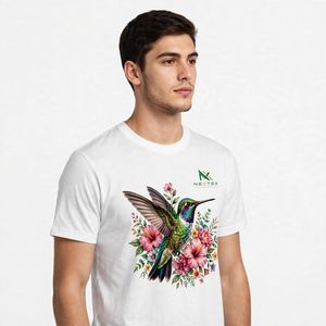NEXTEX T-shirt unisexe à motif floral colibri, blanc, en jersey de coton doux, col rond, décontracté - Product Image 2