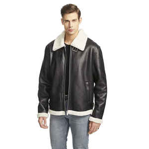 Blouson Bomber Homme Noir en Cuir Véritable Doublé Sherpa Zippé Hiver Style Moto Coupe-Vent Épais - Product Image 4