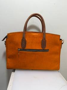 Sac fourre-tout RABADA pour femme en cuir de vachette orange à poils, avec garniture en cuir véritable marron, bandoulière amovible, idéal pour mariage, grande taille - Product Image 2