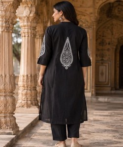 Black Cotton Embroidered Ankle-Length <b>Kurta</b> Set Women Traditional <b>Indian</b> Pakistani Style Casual Wear Loose Fit 86833 SHAGUN - Product Image 2