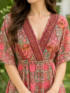 Robe d'été décontractée bohème de qualité supérieure, col en V, imprimé floral rose, manches courtes, taille élastique, mini-robe courte - Product Image 5