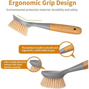 Set di 2 Spazzole per Pulizia Cucina con Manico in Bambù e Raschietto Integrato per Pentole, Padelle e Lavello - Product Image 4