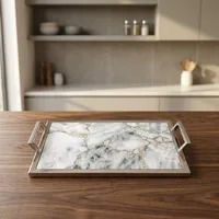 Plateau de service rectangulaire décoratif en acier fait main avec base en quartz, organisateur de table moderne pour la maison et la cuisine