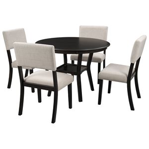 Espresso 5-Piece <b>Kitchen</b> Dining Table Set Round Table with Bottom <b>Shelf</b> & 4 Upholstered Chairs for Dining Room - Product Image 3
