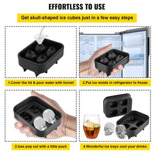 Moule à glaçons flexible en silicone noir en forme de crâne, 4 compartiments, pour boules de glace, avec entonnoir, pour glaçons amusants en forme de fruits, en matériau PP - Product Image 6