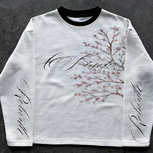 <b>White</b> Heat <b>Throw</b> Long Sleeve T Shirt Ribbed Crew Neck Cherry Blossom Script Casual Leisure Top - Product Image 1